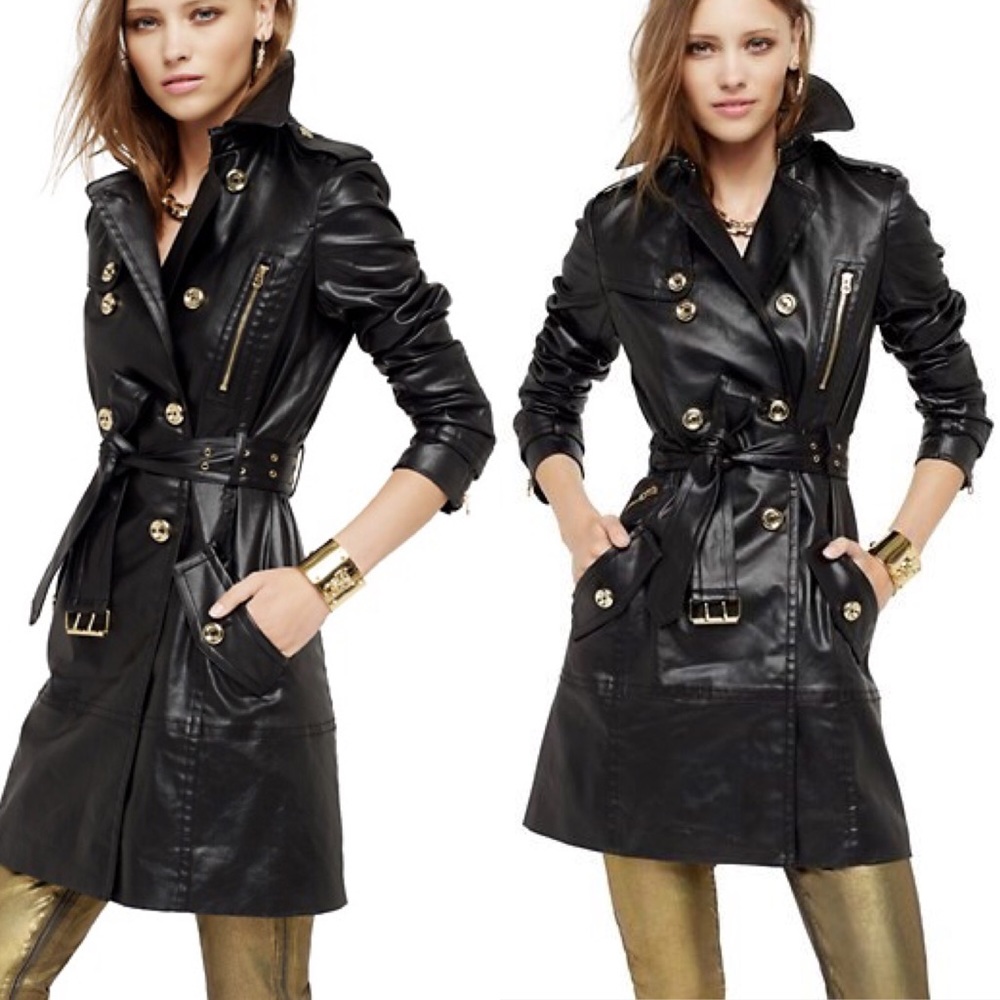Black Faux Leather Coated Denim Trench Rain Coat